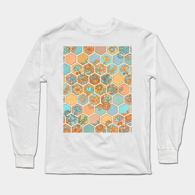 Golden Honeycomb Tangle - hexagon doodle in peach, blue, mint & cream Long Sleeve T-Shirt by micklyn